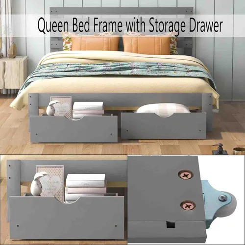 Miniatura 4 de Base de cama Queen con cajón de almacenamiento, base de cama de plataforma con cabecero, cámaras de base de colchón, soporte de listones de madera