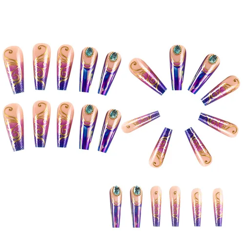 Miniatura 3 de Uñas postizas largas cuadradas de acrílico artificiales con punta francesa, diseño de mariposa dorada, diseño de mariposa dorada, uñas postizas