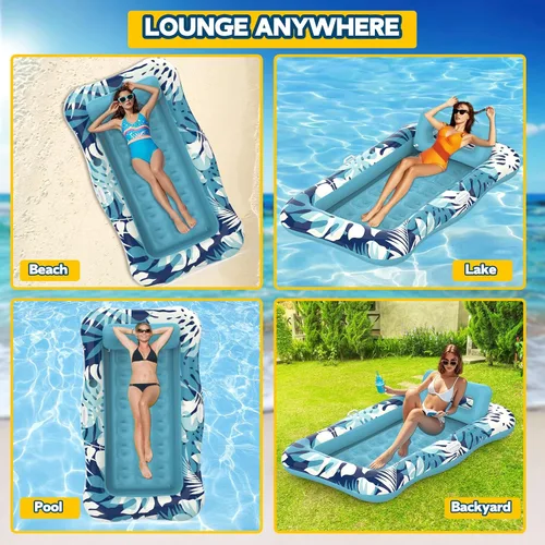 Miniatura 8 de Pool Floats Adult,76" x 48" XL Inflatable Tanning Pool Lounger Float with Pillow,4 in 1 Suntan Tub Sunbathing Raft Floatie Water-Filled Mattress Azul