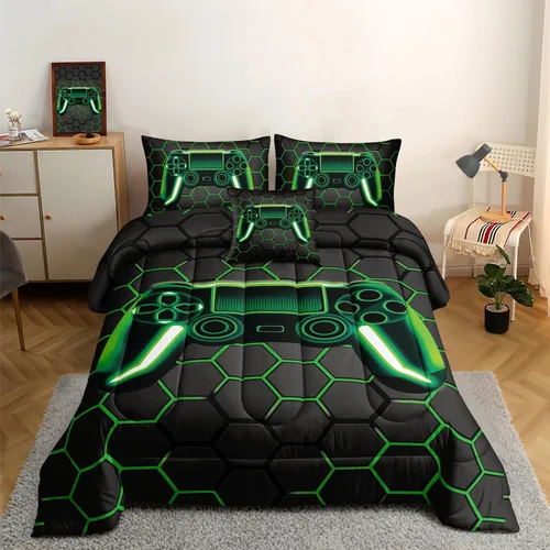 ROWADALO Juego de ropa de cama de 5 piezas para niños, juego de edredón para niños jugadores, tamaño individual, juego de edredón de videojuegos