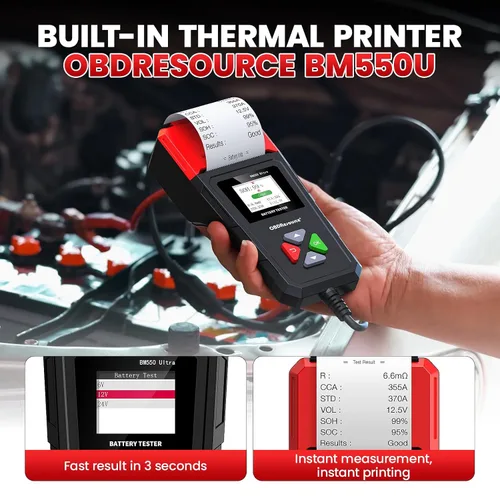 Miniatura 2 de OBDResource BM550 Ultra - Probador de batería de coche con impresora 100-2000 CCA capacidad de carga para baterías de 6 V, 12 V y 24 V, analizador
