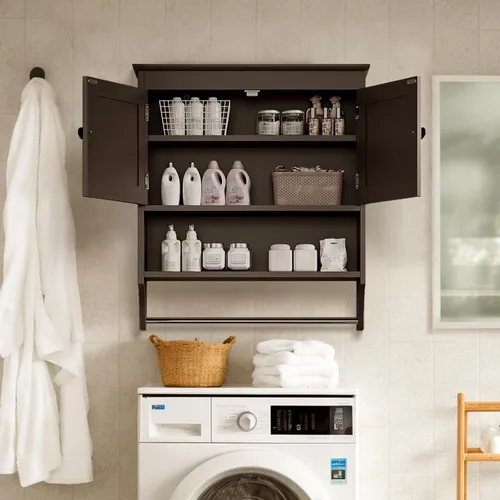 Miniatura 5 de Bealife - Gabinete de baño montado en la pared con barra para toallas y estantes ajustables, gabinete de almacenamiento sobre el inodoro, gabinete