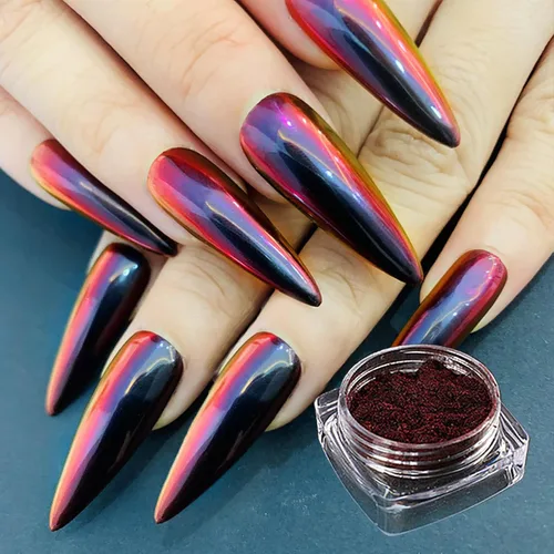 Miniatura 3 de Polvo de uñas cromado de espejo rojo, polvo cromado de uñas de color rojo a negro para uñas de gel, efecto espejo metálico, pigmento en polvo