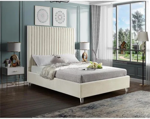 Miniatura 2 de Meridian Furniture CandaceCream-F Colección Candace Moderna Cama matrimonial tapizada de terciopelo contemporánea, tela de terciopelo crema