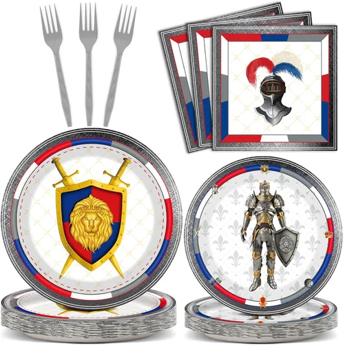 chiazllta 96 piezas de decoraciones medievales para fiestas de cumpleaños de castillo, platos de papel y servilletas, suministros de cumpleaños de