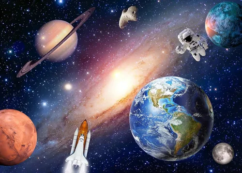Fondo del espacio exterior para bebés, niños, astronautas, cohetes, nave espacial, universo, planetas, fondo perfecto para decoración de fiesta de