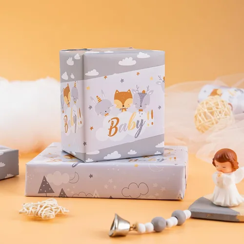 Miniatura 7 de WRAPAHOLIC Papel de regalo reversible para baby shower, mini rollo, 17 pulgadas x 33 pies, diseño de animales grises neutros, baby shower, Baby