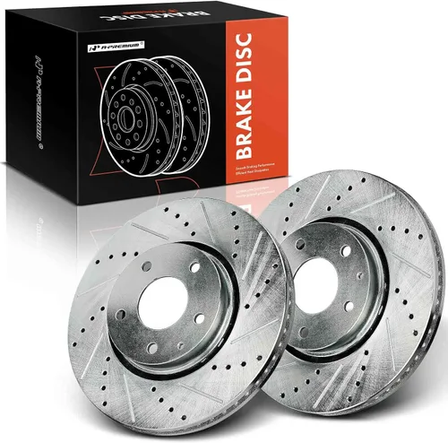 A-Premium Rotores de freno de disco delanteros perforados y ranurados de 11.68 pulgadas (11.689 in) compatibles con modelos seleccionados de Mazda -