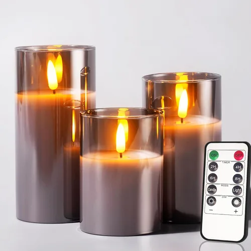Tyawon Velas LED de vidrio sin llama con control remoto y temporizador, velas de cera real, luz parpadeante de color cálido para decoración de Gris