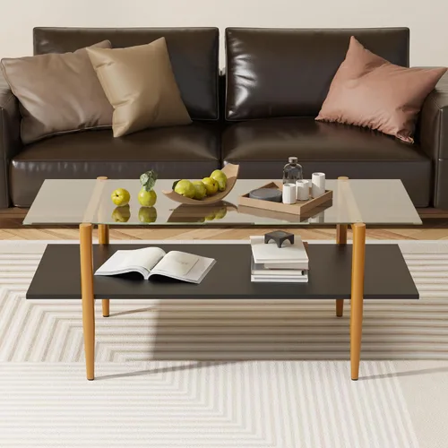 Miniatura 5 de Furnify Mesa de centro de cristal, mesa central rectangular para sala de estar con patas doradas, mesas decorativas modernas de mediados de siglo