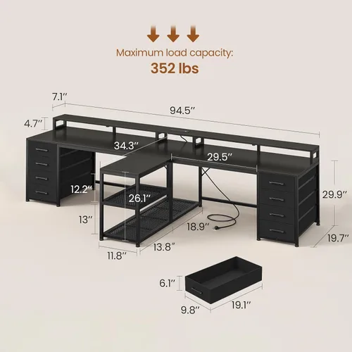 Miniatura 2 de SEDETA Escritorio para juegos para 2 personas de 94.5 pulgadas, escritorio largo para computadora de oficina con 8 cajones y luz LED, escritorio