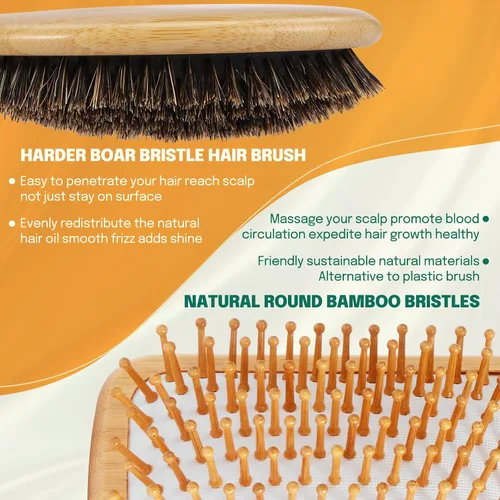 Miniatura 2 de Sofmild Juego de cepillos de pelo de bambú natural para mujeres, hombres y niños, cepillo desenredante para cabello grueso y rizado y húmedo