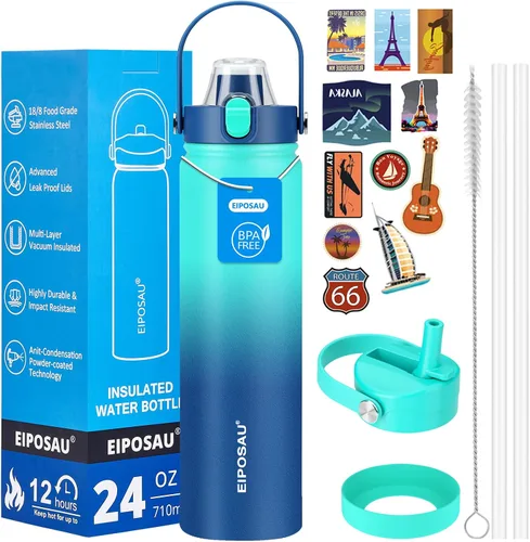 Miniatura 20 de Botella de agua aislada con tapa, bota y calcomanías, botella de acero inoxidable de 24 onzas, sin sudor, mantiene el frío las 24 horas, botella