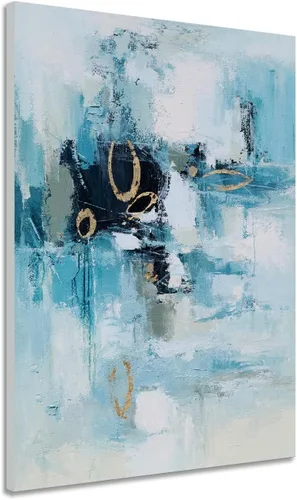 YHSKY ARTS Arte abstracto de pared con textura de lámina azul y dorada: eleva tu espacio con pintura moderna en lienzo, ideal para salas de estar,