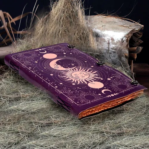 Miniatura 4 de Diario Impreso Sun & Moon, Diario Rayado Antiguo Hecho a Mano con Borde Barbado, Cuaderno de Cuero, Cuaderno de Bocetos de Cuero, Diario