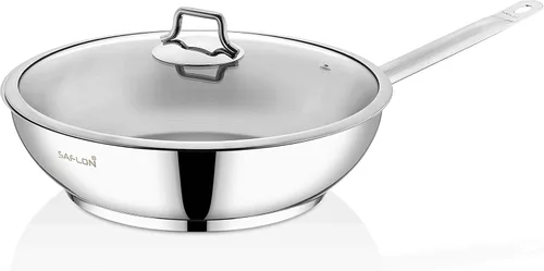 SAFLON Sartén de acero inoxidable con tapa de cristal, lista para inducción, apta para horno y lavavajillas de 12 pulgadas