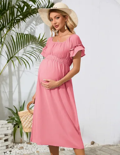 Miniatura 5 de KOJOOIN Vestido de maternidad de manga corta con hombros descubiertos para mujer, vestido de verano casual con volantes, vestido midi fluido