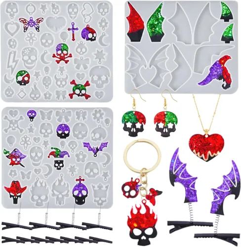 Molde para aretes de resina de Halloween, 3 moldes de joyería de resina, varios moldes de silicona de calavera, moldes de pinzas para el cabello,