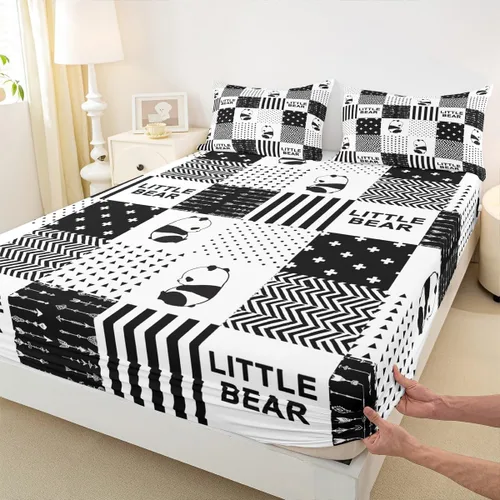 Cute Panda - Sábana bajera ajustable para niños, tamaño individual, diseño de rayas geométricas de animales salvajes, decoración de habitación de