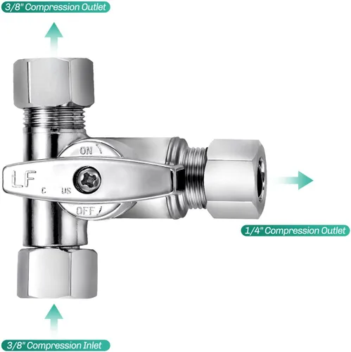 Miniatura 3 de Latón sin plomo, 1 unidad, cromado Add-A-Tee de 3 vías, 3/8 pulgadas x 3/8 pulgadas x 1/4 pulgadas válvula de parada angular para filtros de agua