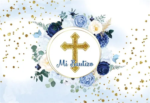 Miniatura 4 de Telón de fondo Mi Bautizo para fiesta de bautismo, primera comunión, fondo de bautizo, flores azules, para niños y niñas, baby shower, decoración