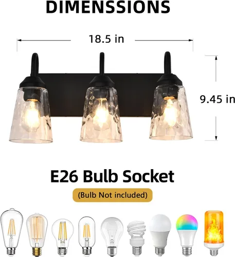 Miniatura 8 de Lámpara de baño de 3 luces, luces costeras con pantalla de cristal de cristal, lámpara de pared negra para espejo de cocina, pasillo, dormitorio