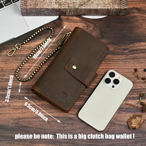 Miniatura 68 de Genuino Caballo Loco Cuero Regalo de Viaje Moneda Bolsillo Tarjetero Organizador Largo Cadena Rfid Cartera Monedero Con Broche Para Hombres Hombres