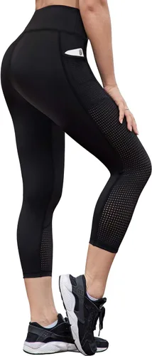 RAYPOSE Leggings de entrenamiento para mujer con bolsillos, talla grande, para gimnasio, cintura alta, pantalones de yoga capri con corte de malla