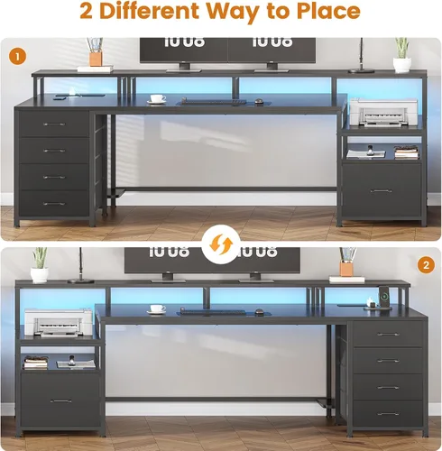 Miniatura 4 de SEDETA Escritorio para computadora de 75'' con 5 cajones, toma de corriente y luces LED, escritorio de oficina en casa con cajón de archivos, Negro