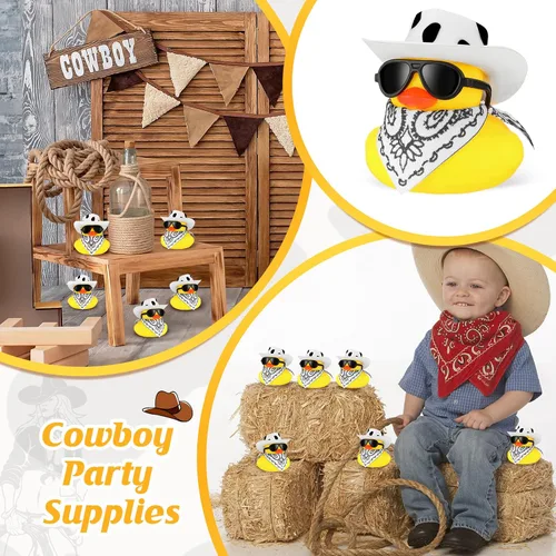 Miniatura 6 de Sosation Juego de 36 mini patos amarillos de goma vaquero, juguete de baño de patos pequeños, juguete de bañera con sombrero de vaquero, pañuelos