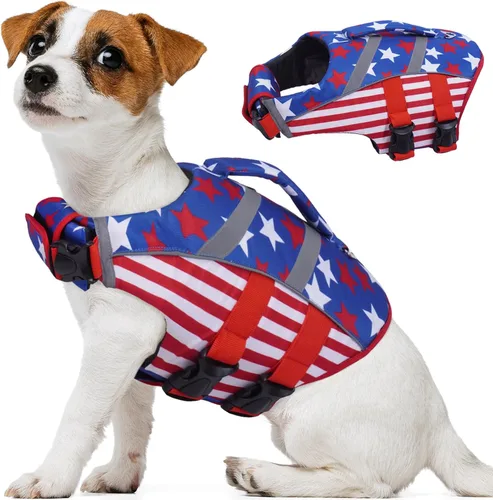 Miniatura 19 de Kuoser Chaleco salvavidas para perros con rayas reflectantes, chaleco salvavidas ajustable para mascotas con alta flotación, traje de baño