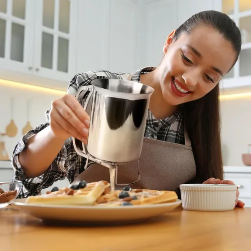 Miniatura 2 de Dispensador de masa de panqueques de acero inoxidable, mango de mano para cupcakes, gofres belgas, crepes, magdalenas, control preciso de 1 onza