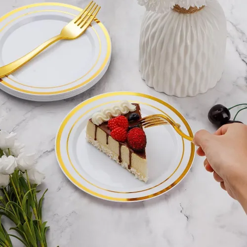 Miniatura 3 de Goodluck 120 platos de plástico dorados de postre de 7 pulgadas con tenedores de 7.4 pulgadas, platos dorados para aperitivos para 60 invitados