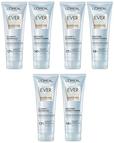 L'Oreal Paris Juego de champú y acondicionador sin sulfato Clarify and Restore con antioxidantes para exposición al agua dura y acumulación de