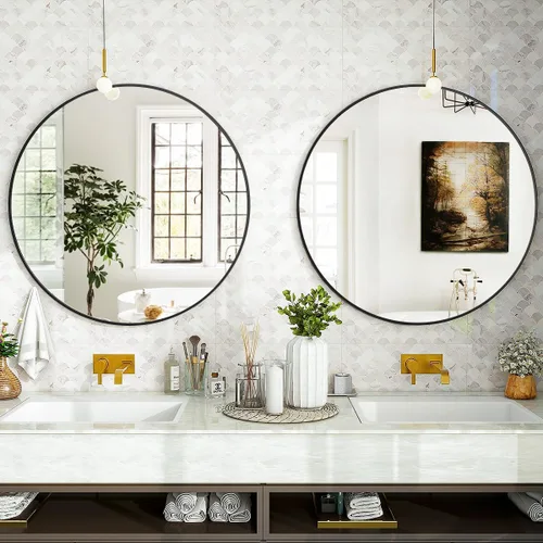 Miniatura 5 de VooBang Espejo de baño redondo negro, espejo colgante de pared circular de 24 pulgadas con marco de metal circular simple y moderno para pasillo
