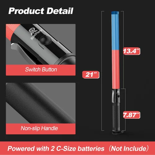 Miniatura 5 de RoadHero Paquete de 2 bastones de control de tráfico de 21 pulgadas, varita de tráfico LED roja y azul con 3 modos de parpadeo, varita de señal