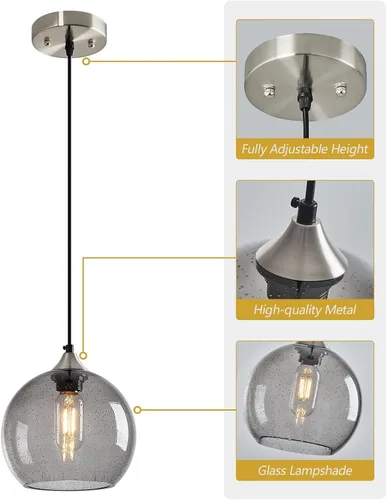 Miniatura 7 de Luces Colgantes de Vidrio Gris Claro Iluminación de Isla de Cocina Luminarias de Luz Colgante Globo Iluminación Colgante Moderna para Dormitorio