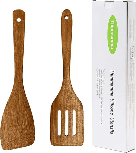 Espátula de Madera Antiadherente Volteador de Madera de Acacia, Espátulas Planas para Freír con Mango Largo de 12 Pulgadas Hechas a Mano para