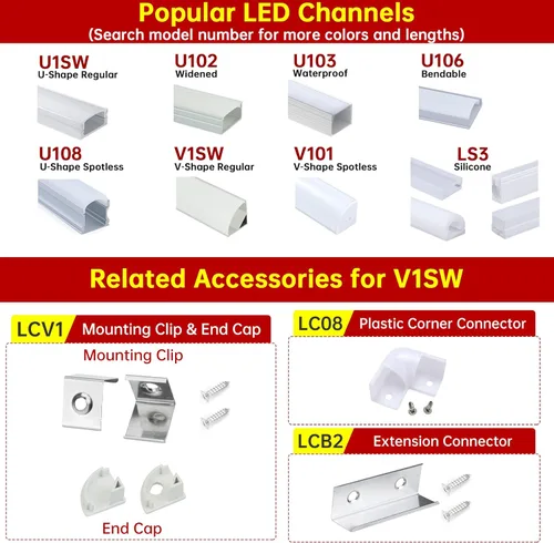 Miniatura 8 de Muzata Paquete de 10 canales LED en forma de V de 6.6 pies/6.6 ft con canal LED de aluminio negro LED difusor canal con cubierta blanca lechosa
