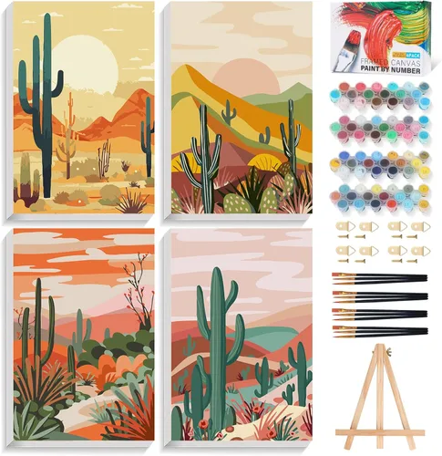 Miniatura 11 de Offito Paquete de 4 pinturas enmarcadas por números para adultos principiantes con caballete de madera, kit de pintura fácil de paisaje por números