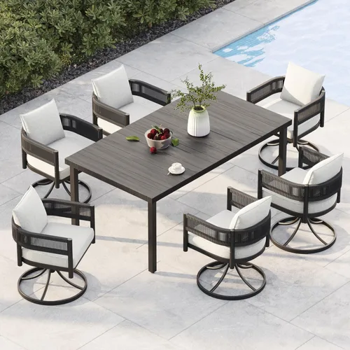 Miniatura 33 de Juego de comedor al aire libre Grand Patio de 5 piezas para 4, sillas de patio fijas de mimbre tejido metálico con cojines engrosados y 1 mesa