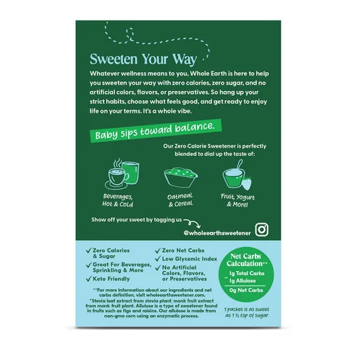 Miniatura 3 de Whole Earth Stevia & Monk Fruit con paquetes edulcorantes de alulosa, 80 unidades, cero calorías, apto para dieta cetogénica