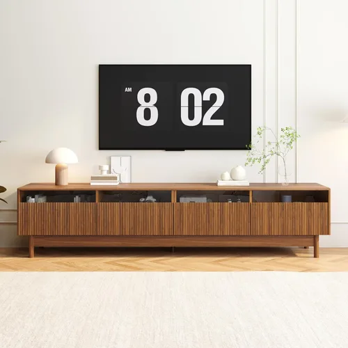 Miniatura 14 de Soporte de TV para TV de 80 pulgadas, centro de entretenimiento moderno de mediados de siglo con cajones de almacenamiento, puertas de tambor y toma