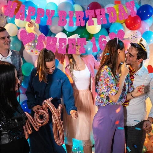 Miniatura 6 de Cartel de feliz cumpleaños, decoraciones de fiesta de cumpleaños de 18 años, con purpurina rosa de dieciocho cumpleaños, para fiesta de cumpleaños