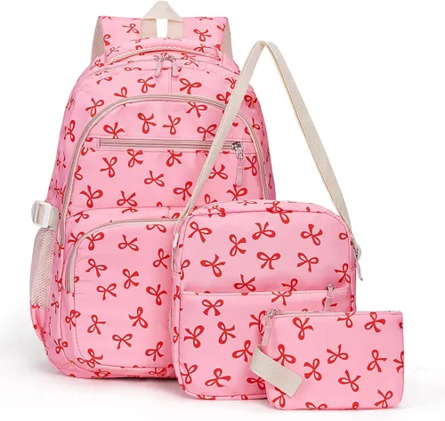 Miniatura 14 de Mochila con lazo para mujer, mochila kawaii de nailon coquette, juego de 3 piezas, linda mochila para computadora portátil universitaria, mochila