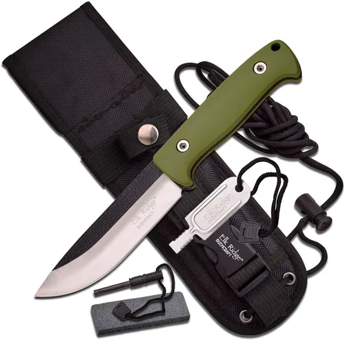 Elk Ridge Cuchillo de hoja fija para exteriores, 10.5 pulgadas en general, mango de fibra de nailon, funda de nailon, piedra de afilar, iniciador de