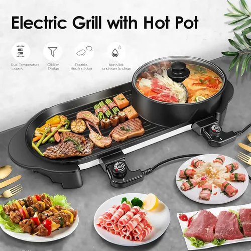 Miniatura 2 de SEAAN Olla caliente con parrilla, parrilla eléctrica para interiores, Shabu Shabu Shabu Pot coreana sin humo, doble temperatura contral, capacidad