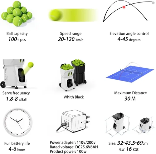 Miniatura 4 de PT-SMARTPro - Máquina de pelotas de tenis, servidor profesional de bolas automático con aplicación para control de Apple Watch, 20 puntos de Blanco
