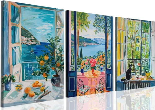 WARTHZ Matisse Vista Costera Azul Arte de Pared, Juego de 3 Pinturas de Gato Negro y Flores, Decoración de Pared Vintage con Ventana Abierta,