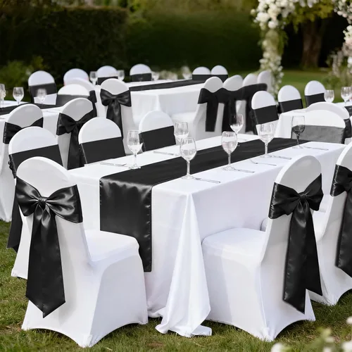 Miniatura 6 de Paquete de 10 caminos de mesa de satén negro de 12 x 108 pulgadas de largo, camino de mesa de seda satinada para bodas, fiestas de cumpleaños